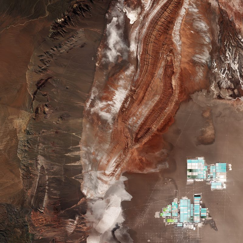 Satellite view of the Salar de Atacama in Chile, with lithium evaporation ponds near the bottom